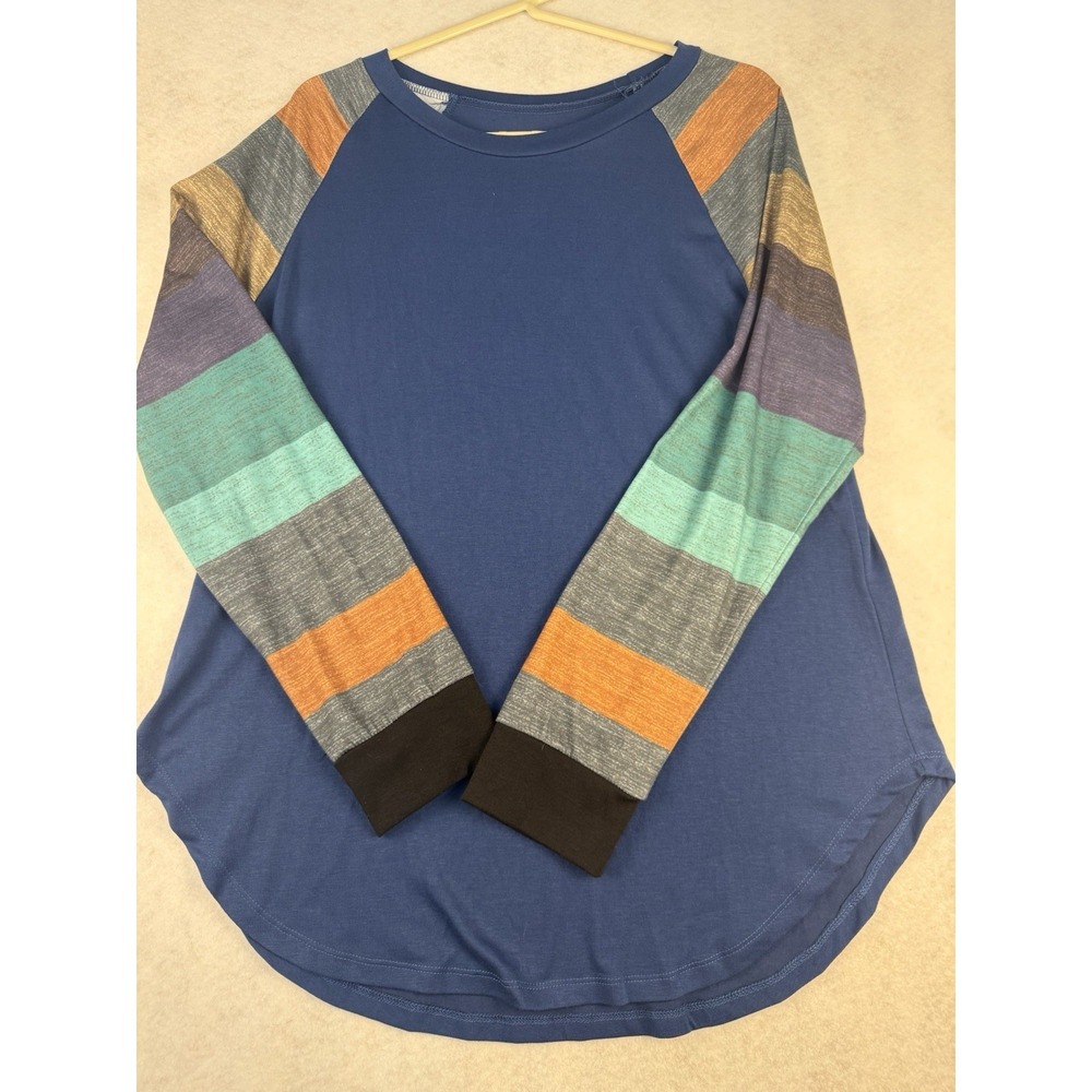 Women's Colorblock Raglan Top Blue Multicolor Long Sleeve Stretch Size L